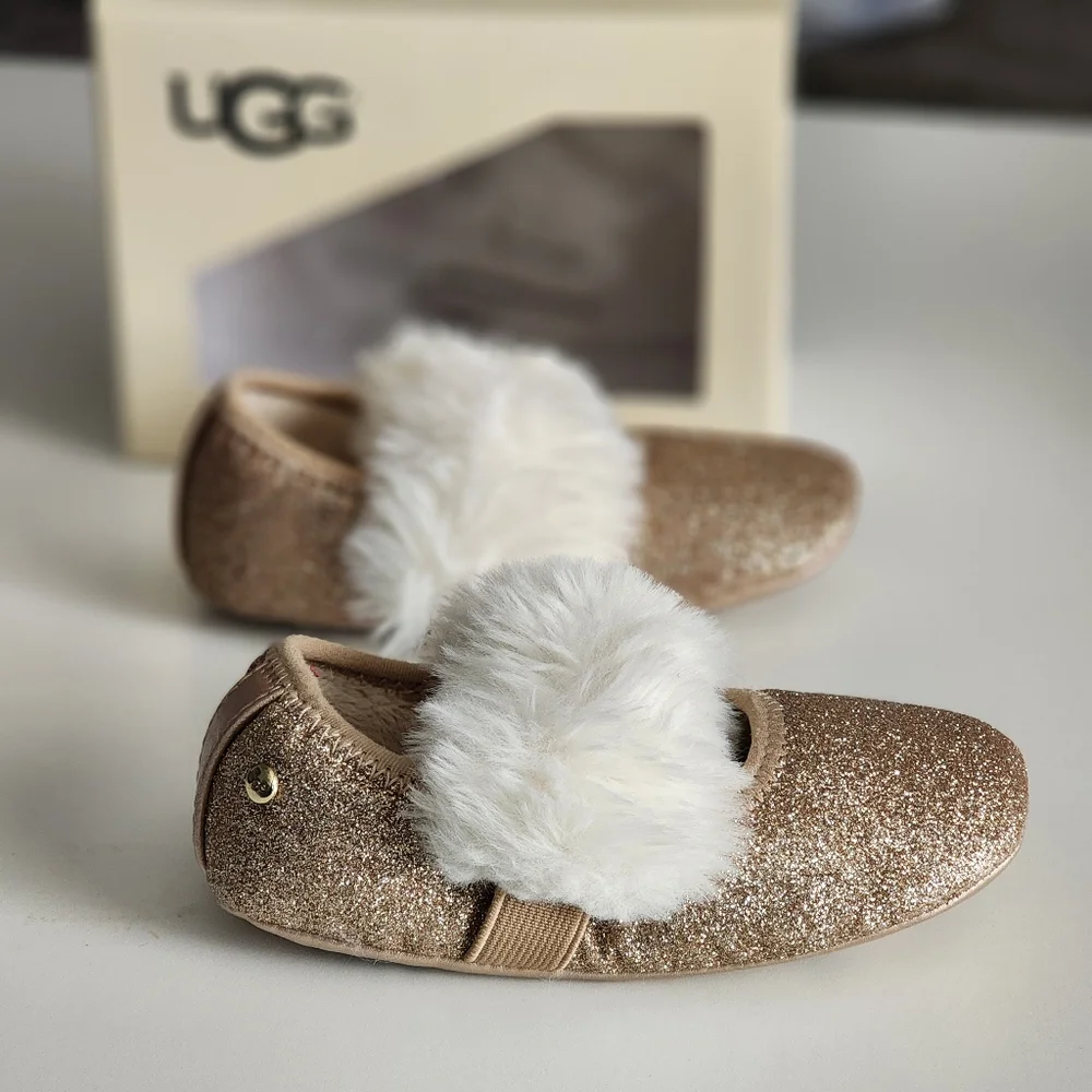 UGG Baby Gold Glitter Ballet Flats With White Fluff Size 4/5